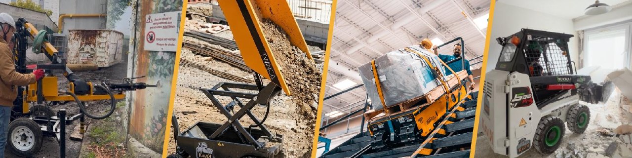 Équipements Kavik utilisés sur des chantiers de perçage, terrassement, transport et démolition